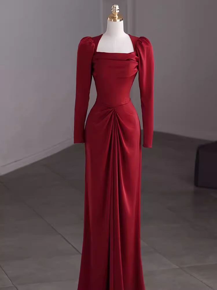 Simple Sheath Long Sleeves Red Prom Dress Evening Dress