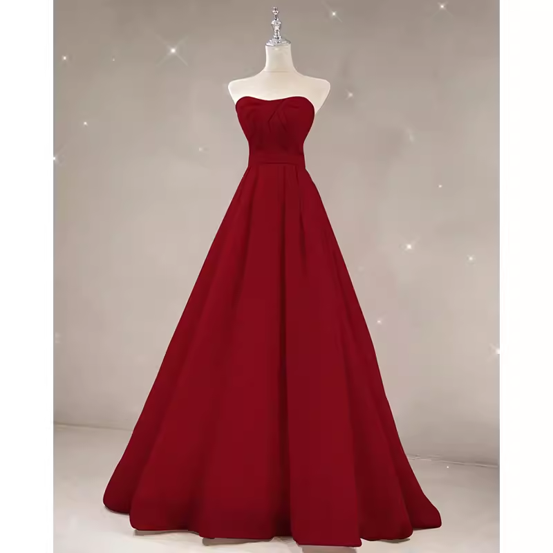 Simple A line Strapless Long Red Prom Dress Evening Dress