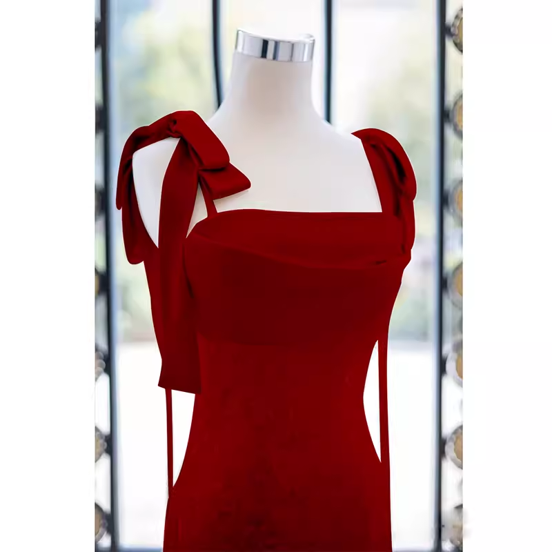 Simple A line Straps Long Red Prom Dress Evening Dress