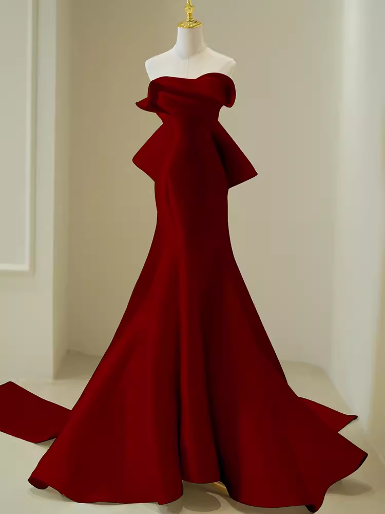 Simple Mermaid Strapless Long Red Prom Dress Evening Dress