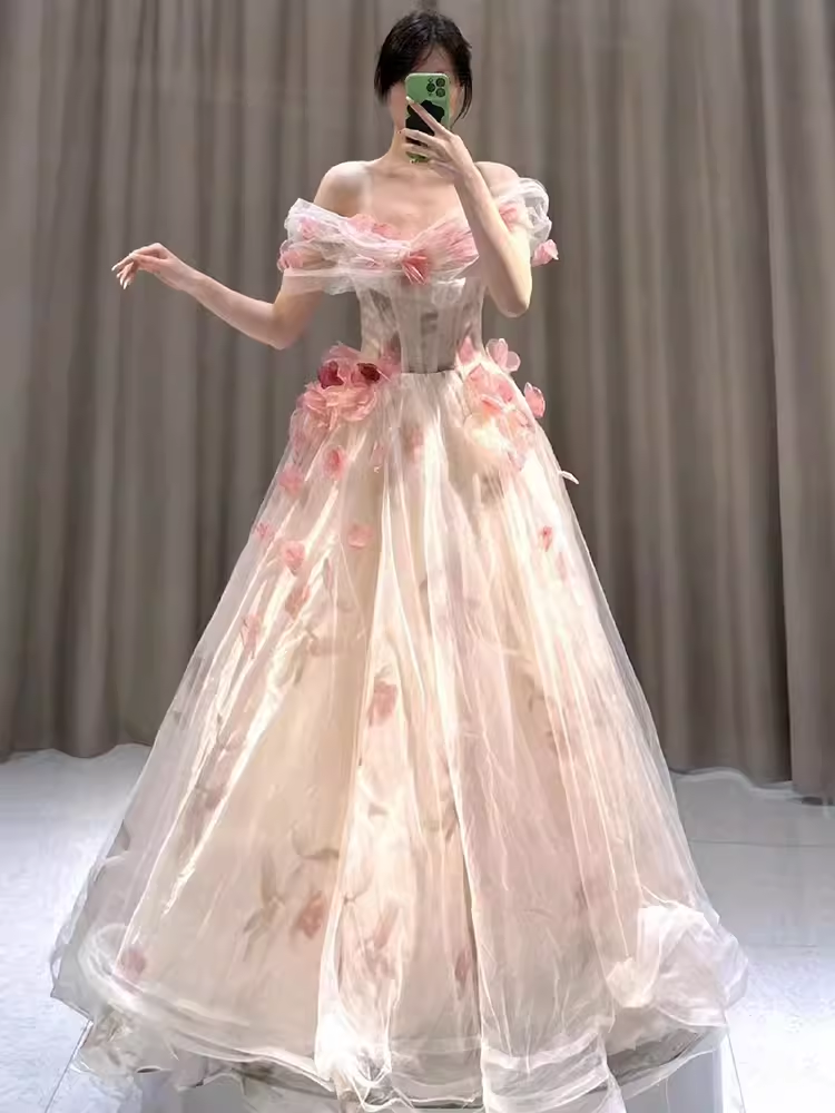 Ball Gown Strapless Champagne Floral Prom Dress Long Party Dresses