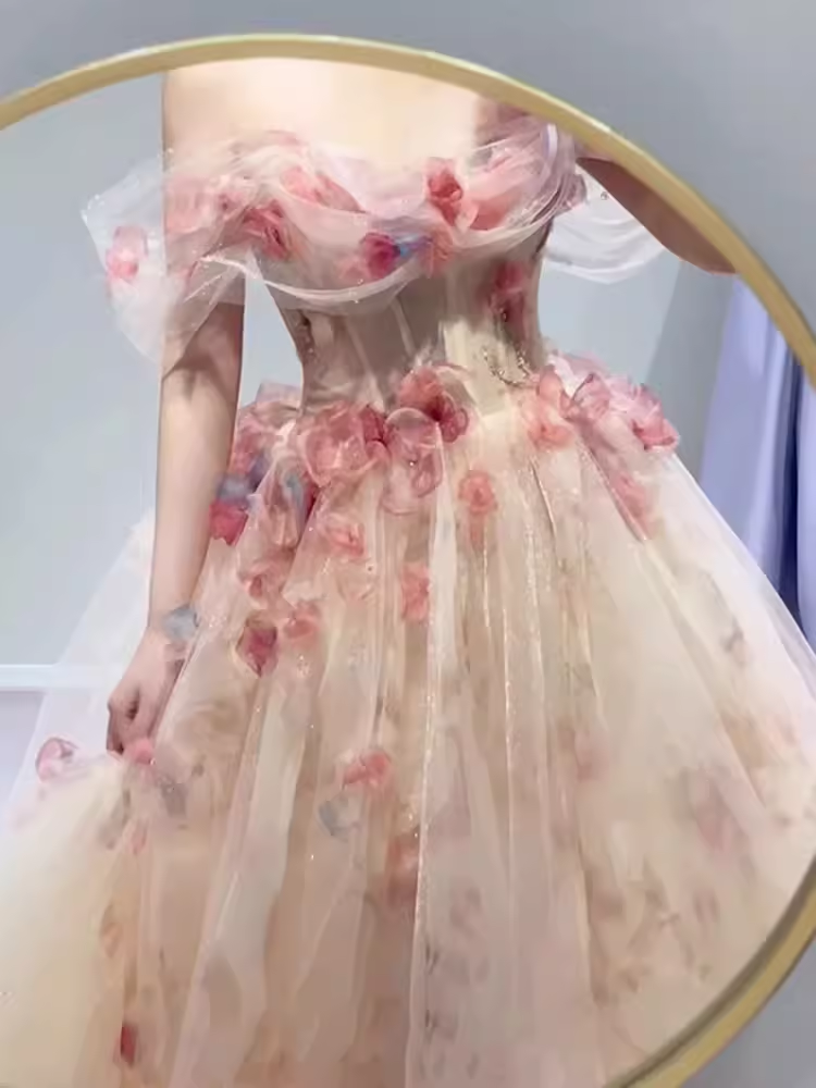 Ball Gown Strapless Champagne Floral Prom Dress Long Party Dresses