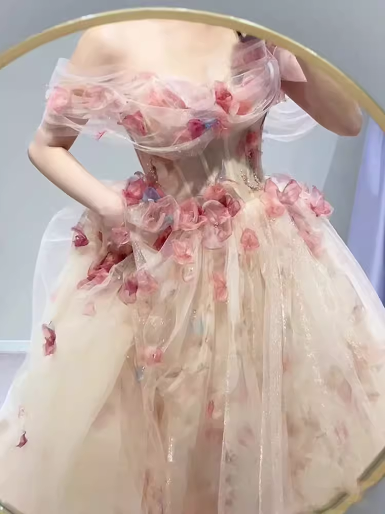 Ball Gown Strapless Champagne Floral Prom Dress Long Party Dresses