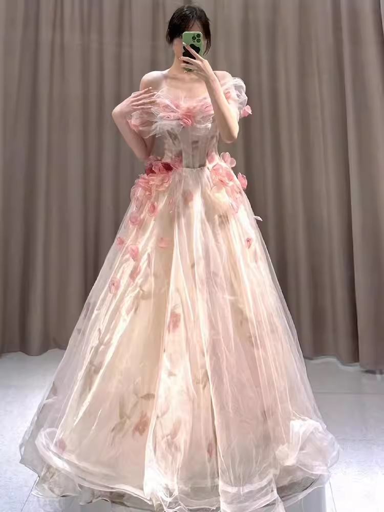 Ball Gown Strapless Champagne Floral Prom Dress Long Party Dresses