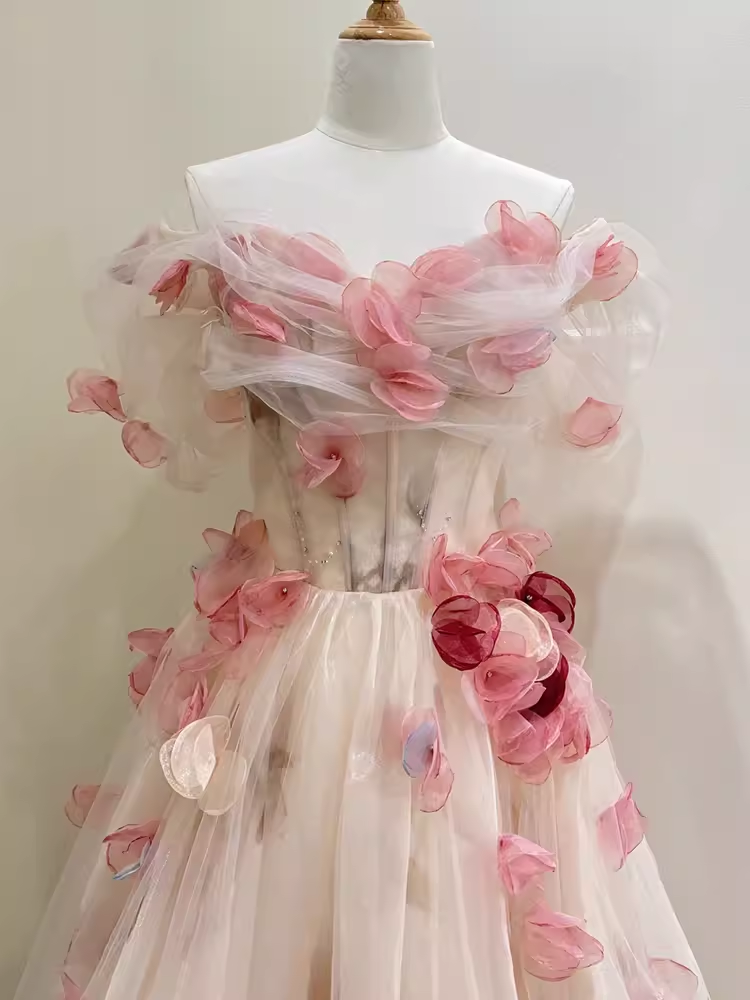 Ball Gown Champagne Floral Prom Dress Long Party Dresses