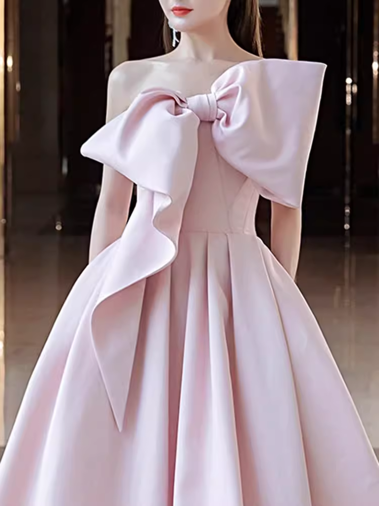 A line Strapless Pink Satin Long Prom Dress Party Dresses