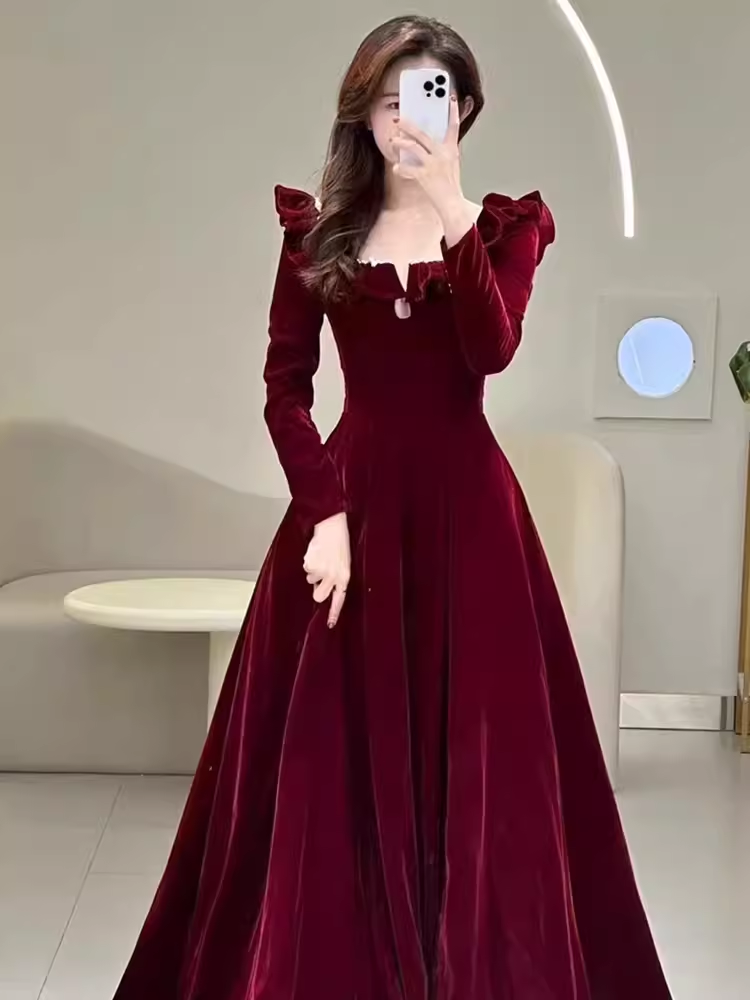 A line Burgundy Velvet Long Prom Dress Party Dresses