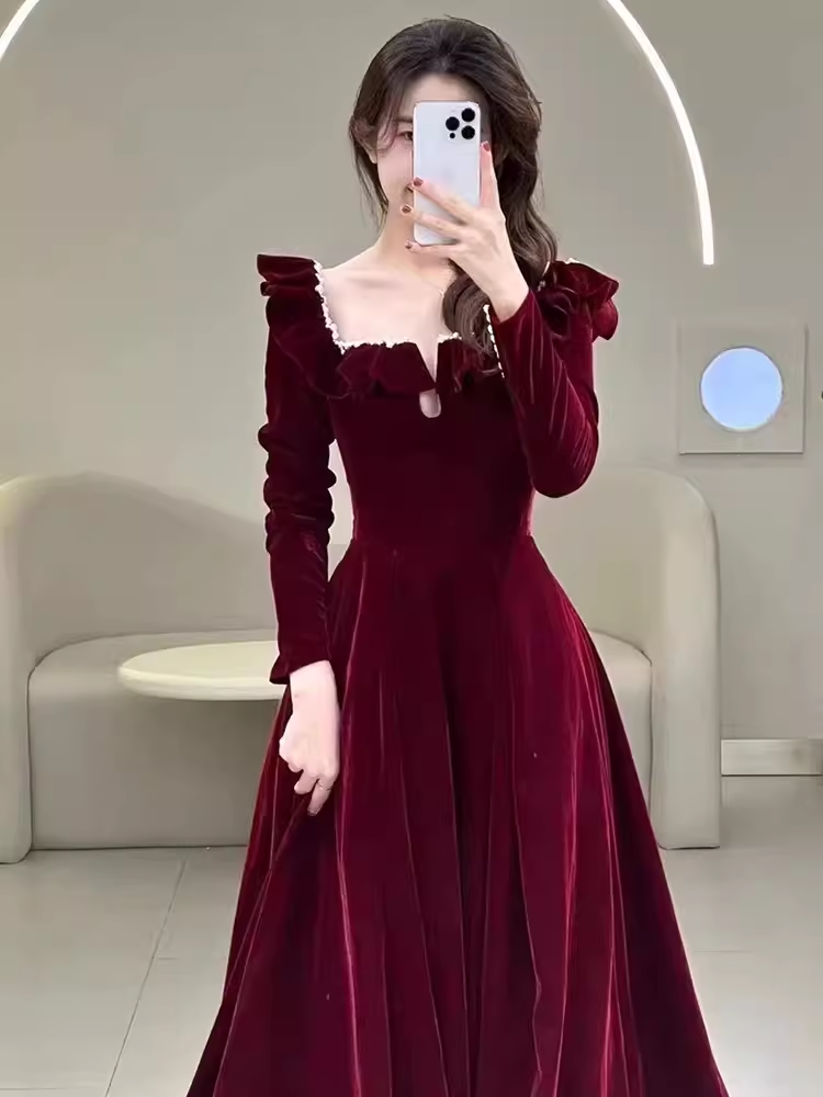 A line Burgundy Velvet Long Prom Dress Party Dresses