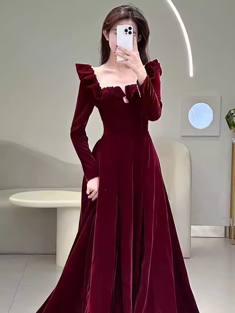 A line Burgundy Velvet Long Prom Dress Party Dresses