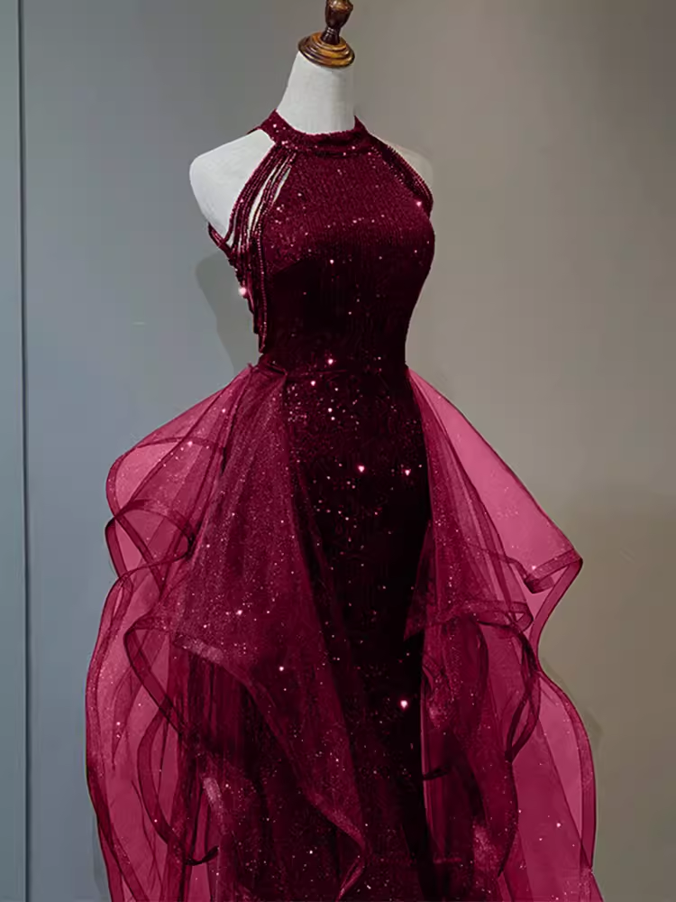 Sparkly Sheath Burgundy Sequin Long Prom Dress Party Dresses