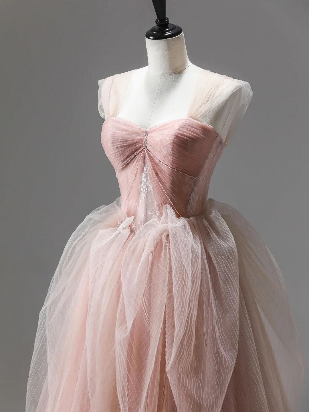 A line Pink Corset Long Tulle Prom Dress With Ruffles