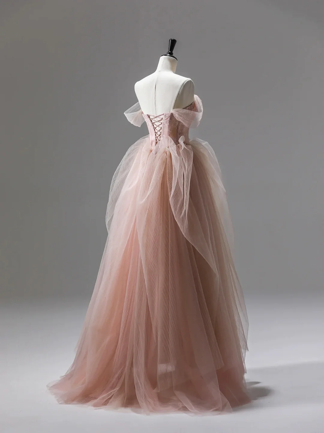 A line Pink Corset Long Tulle Prom Dress With Ruffles