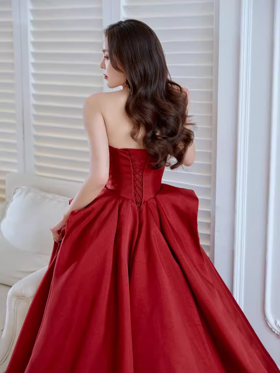 Ball Gown Strapless Burgundy Satin Prom Dresses Evening Dress