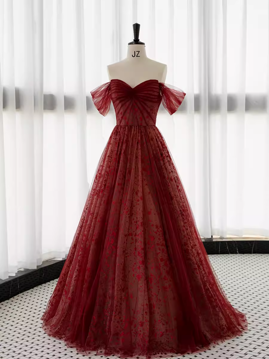 Ball Gown Strapless Burgundy Tulle Prom Dresses Evening Dress