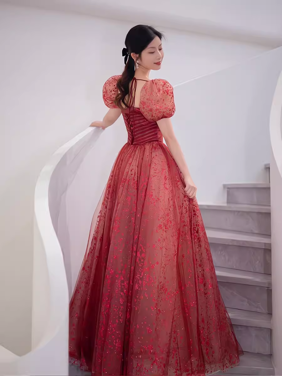 Ball Gown Strapless Burgundy Tulle Prom Dresses Evening Dress