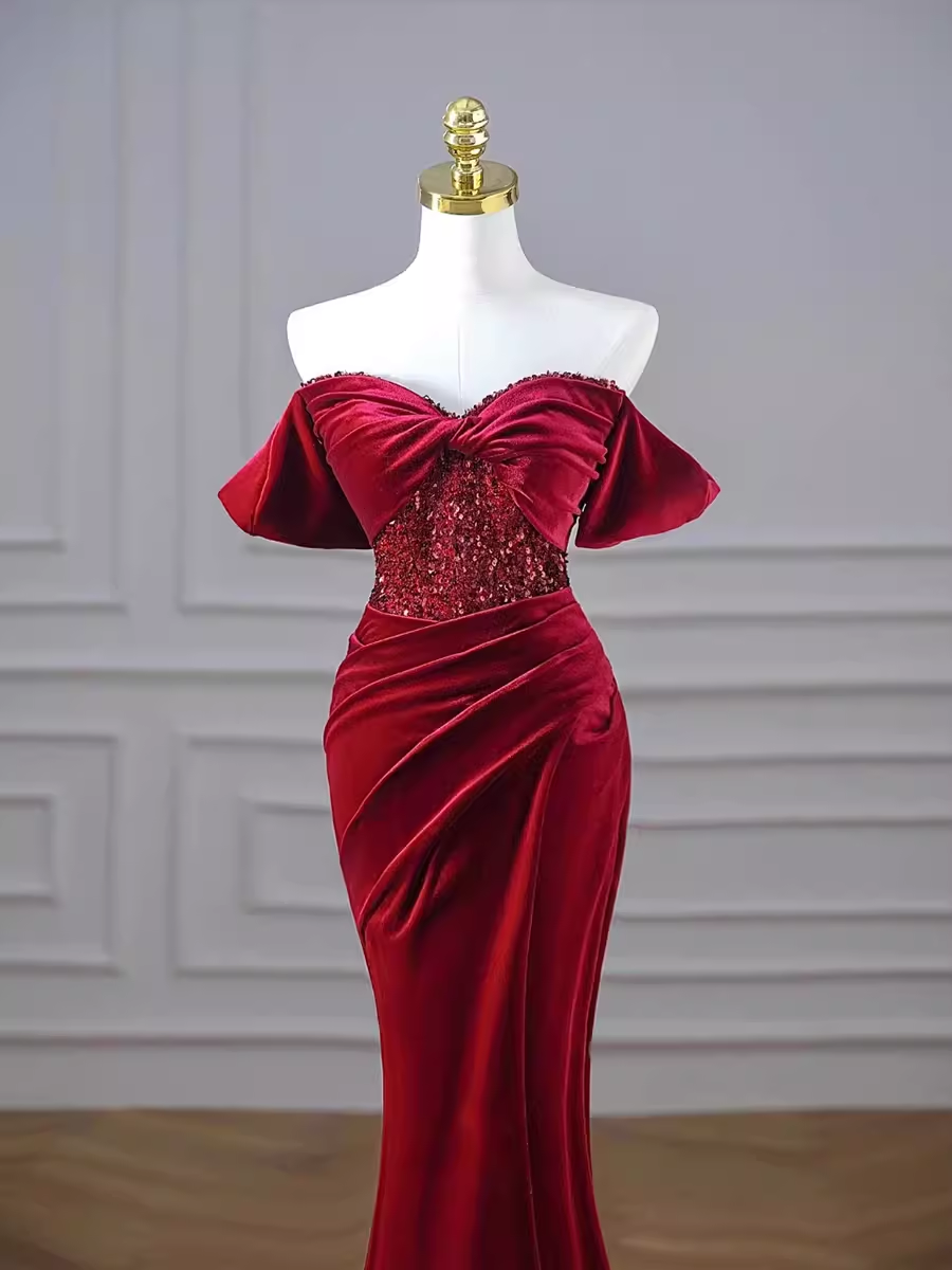 Mermaid Strapless Burgundy Velvet Prom Dresses Evening Dress