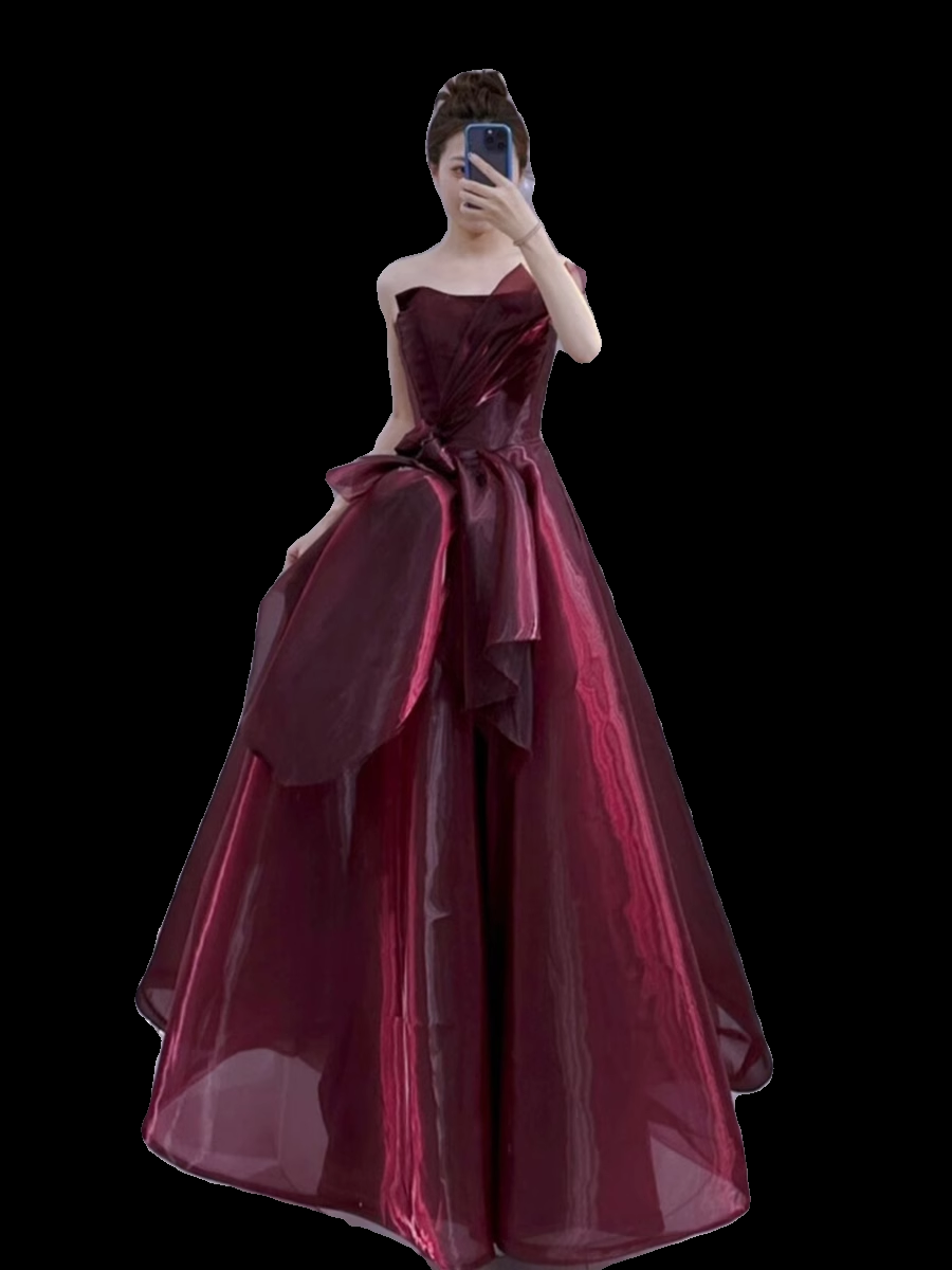 Ball Gown Strapless Burgundy Organza Prom Dresses Evening Dress