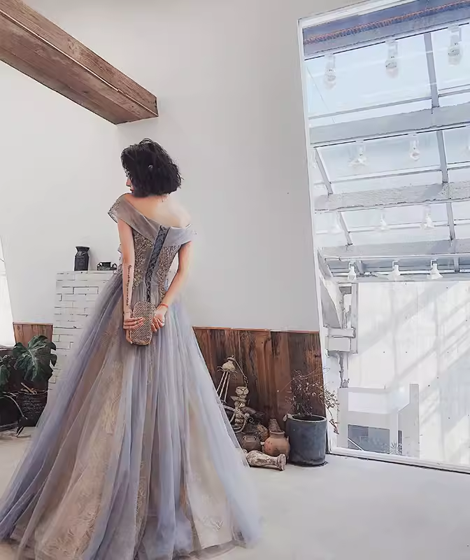 A line Off The Shoulder Gray Prom Dresses Long Evening Dress