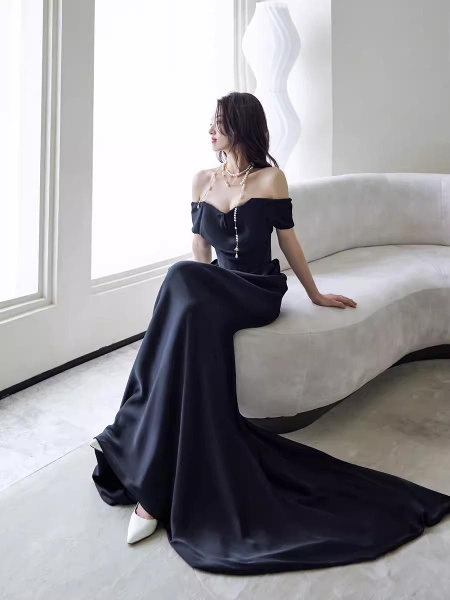 Simple Mermaid Off The Shoulder Black Prom Dresses Evening Dress