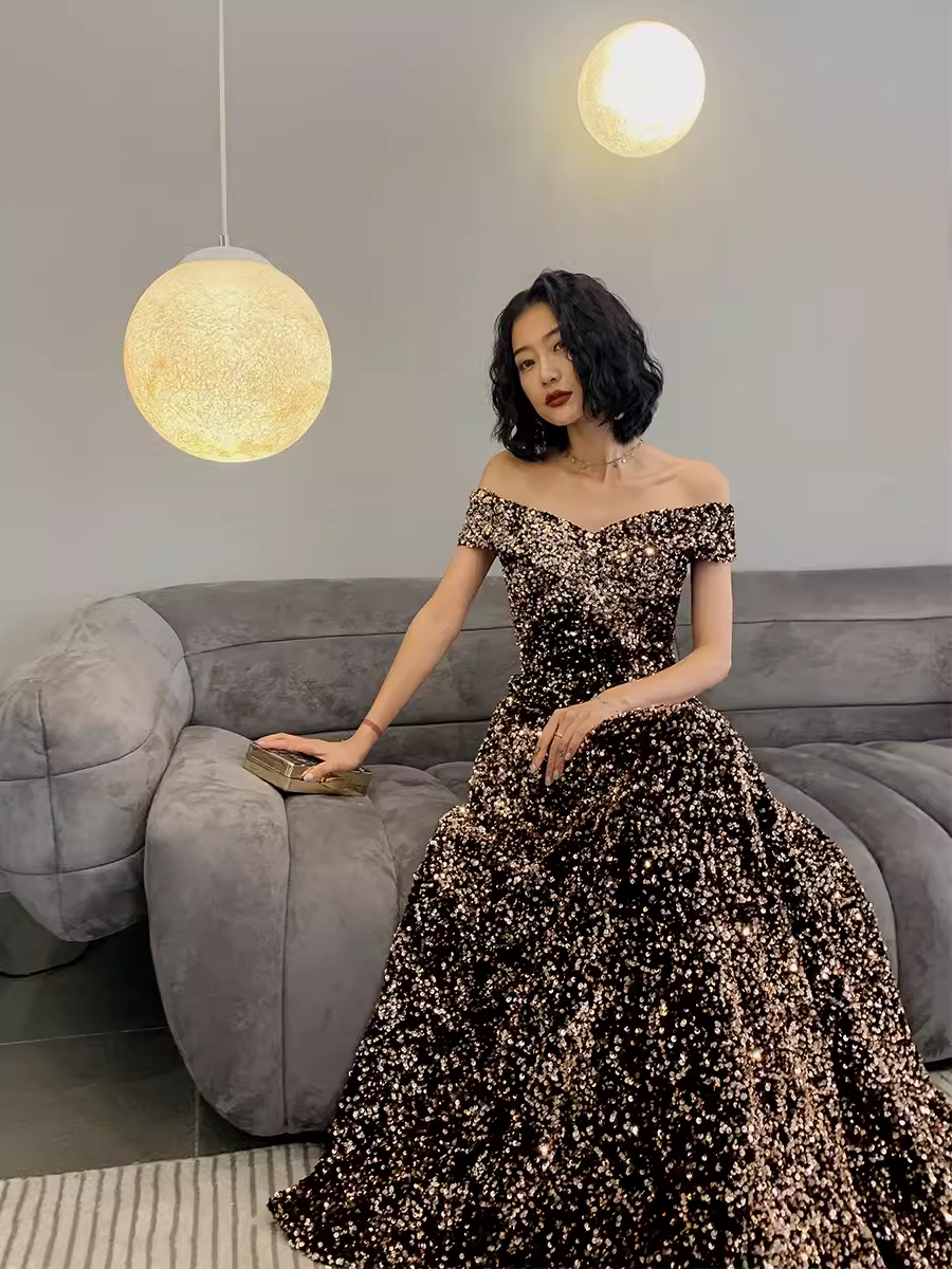 Simple A line Sequin Prom Dresses Evening Dress