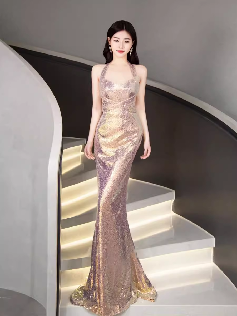 Mermaid Halter Sequin Backless Prom Dresses Evening Dress
