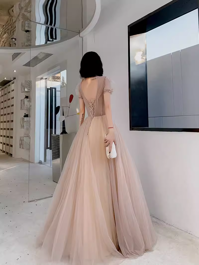 Simple A Line Champagne Tulle Prom Dresses Evening Dress