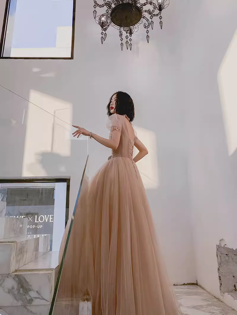 Simple A Line Champagne Tulle Prom Dresses Evening Dress
