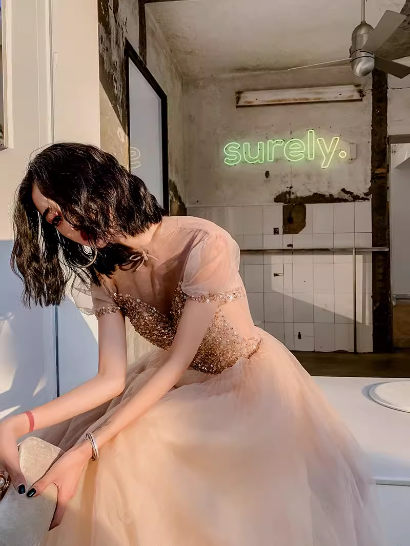 Simple A Line Champagne Tulle Prom Dresses Evening Dress