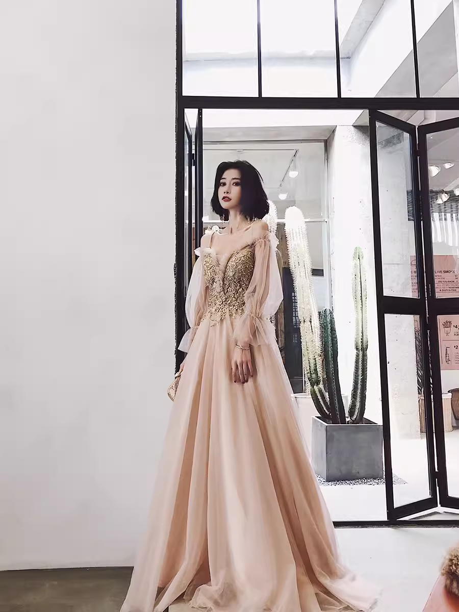 Simple A Line Long Sleeves Champagne Tulle Prom Dresses Evening Dress