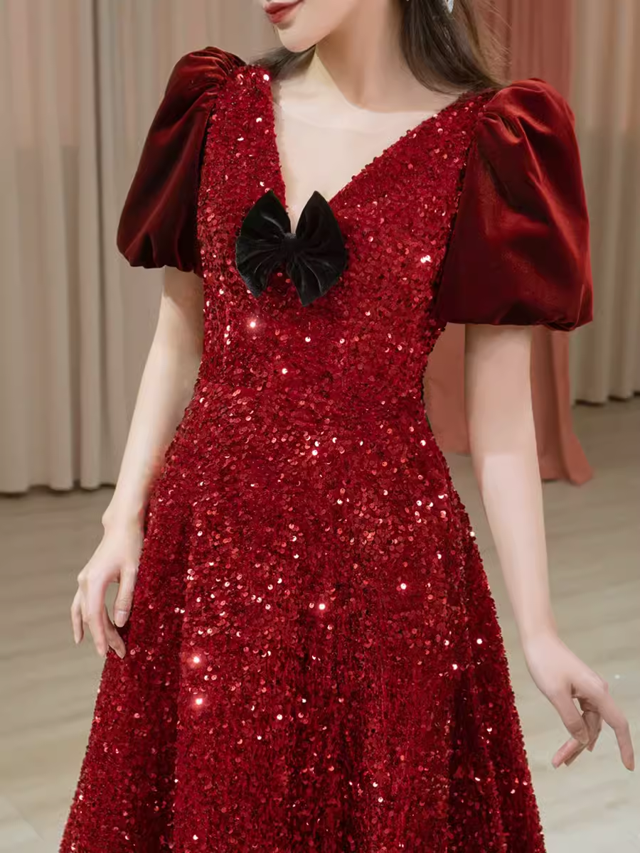 Sexy A line Burgundy Sequin Prom Dresses Evening Dress