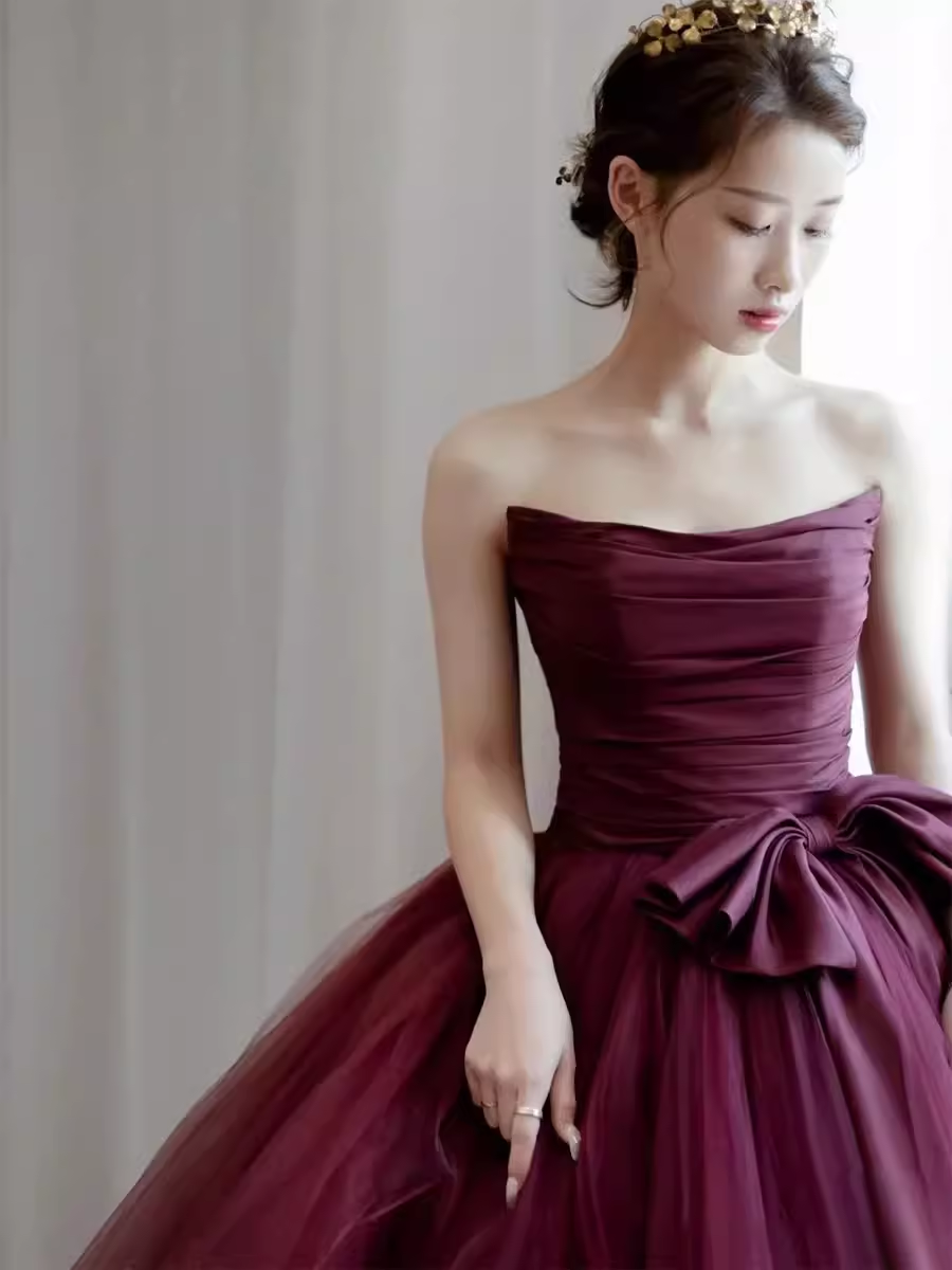 Ball Gown Burgundy Strapless Prom Dresses Evening Dress