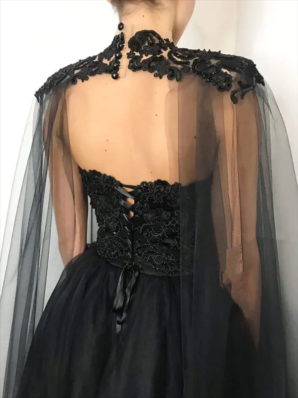 Vintage A line Beaded Strapless Tulle Long Prom Dress Black Formal Dress