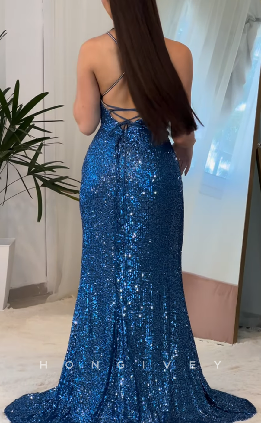 L2883 - Sparkly Bateau Spaghetti Straps With Side Slit Party Prom Evening Dress - Fashionpara