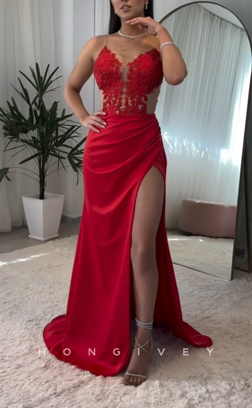 L2885 - Sexy V-Neck Spaghetti Straps Appliques With Side Slit Party Prom Evening Dress - Fashionpara