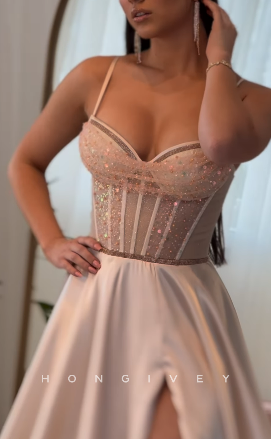 L2884 - A-Line Sweetheart Illusion Empire With Side Slit Party Prom Evening Dress - Fashionpara