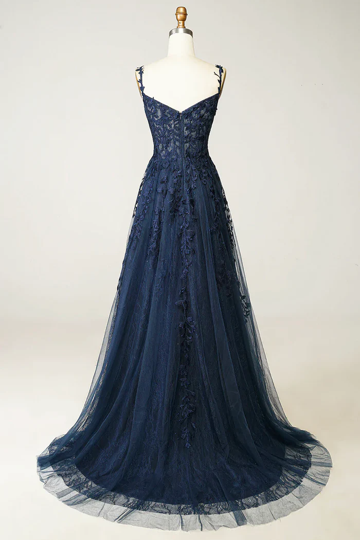 Beautiful A line Spaghetti Straps Navy Blue Lace Prom Dresses Formal Dress
