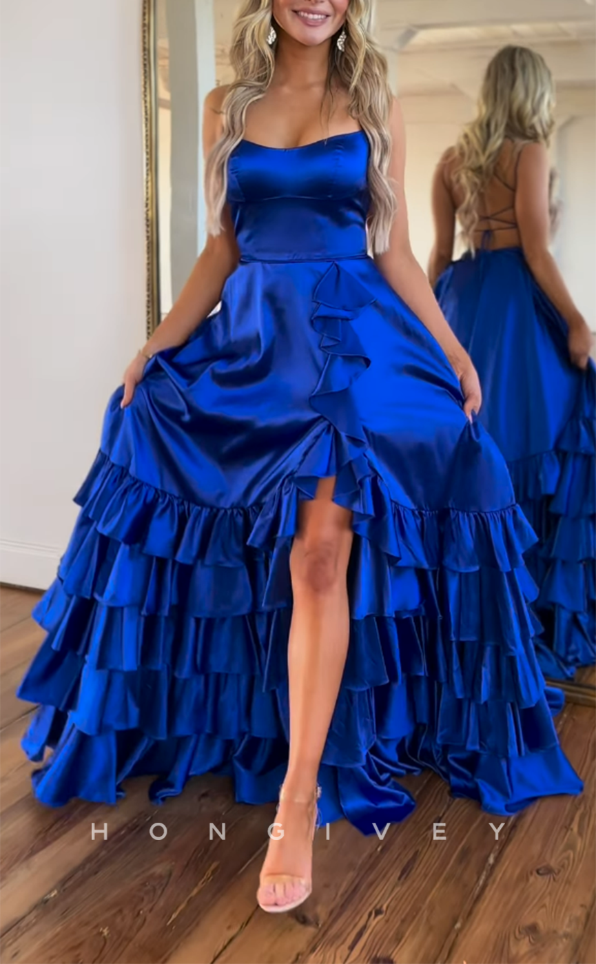 L2810 - Bateau Spaghetti Straps A-Line Tiered With Side Slit Train Party Prom Evening Dress - Fashionpara