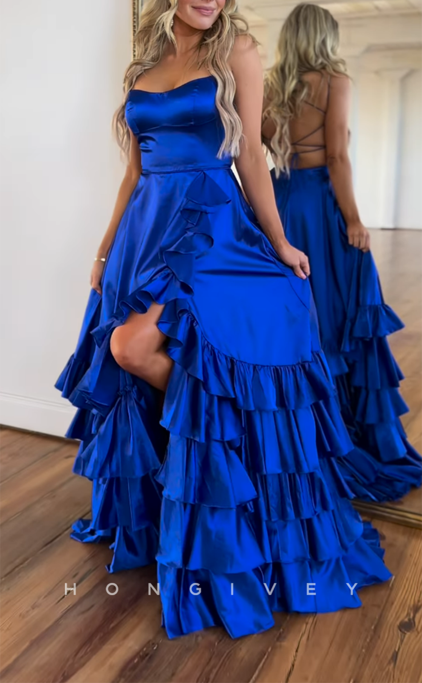 L2810 - Bateau Spaghetti Straps A-Line Tiered With Side Slit Train Party Prom Evening Dress - Fashionpara