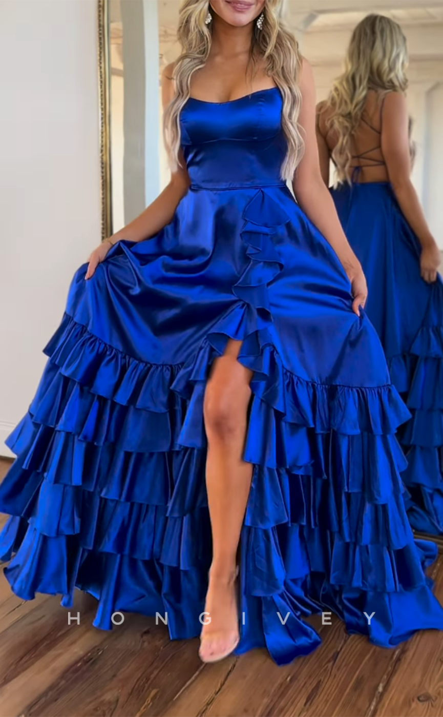 L2810 - Bateau Spaghetti Straps A-Line Tiered With Side Slit Train Party Prom Evening Dress - Fashionpara