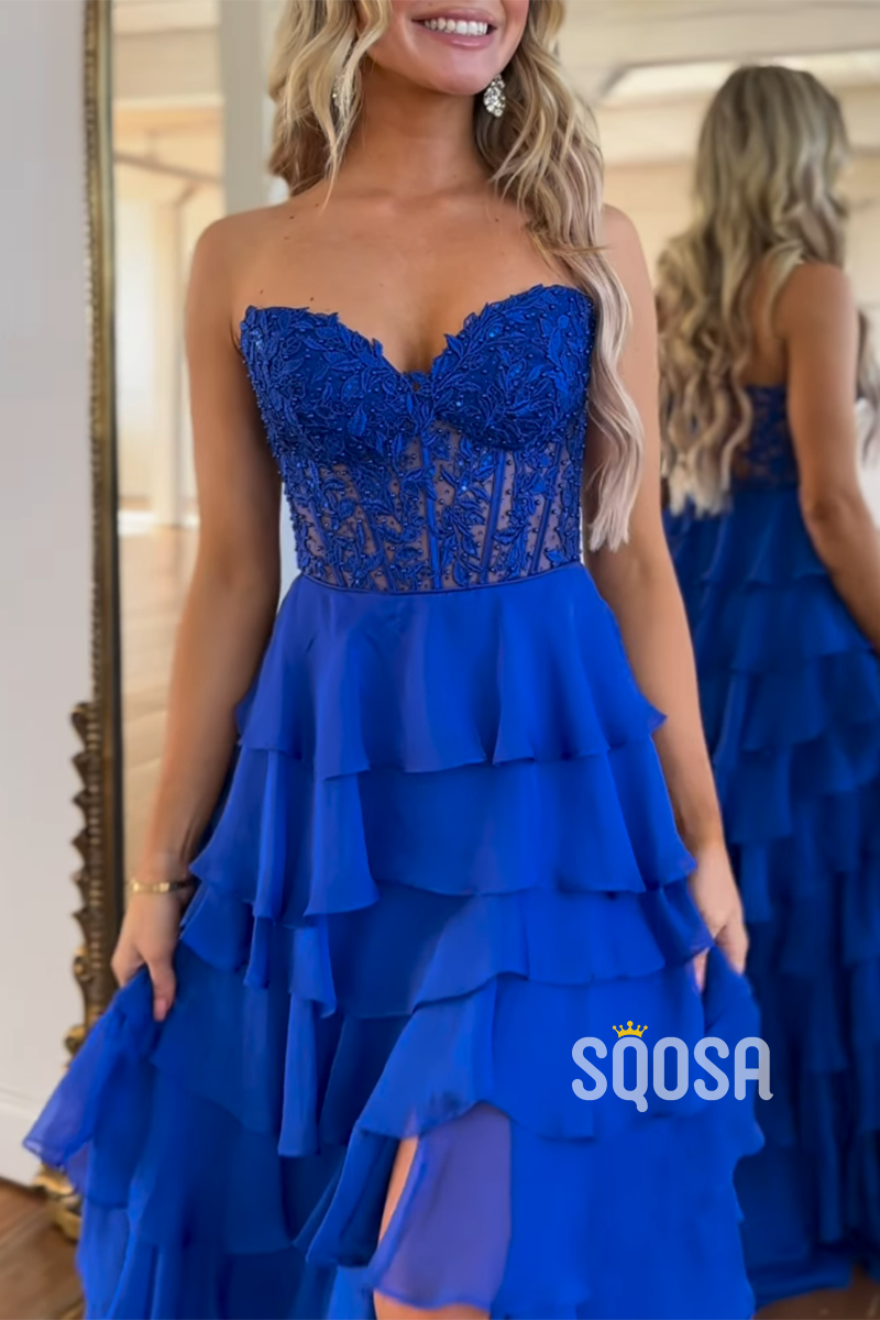 L2819 - Sweetheart Strapless A-Line Appliques Tiered Party Prom Evening Dress - Fashionpara