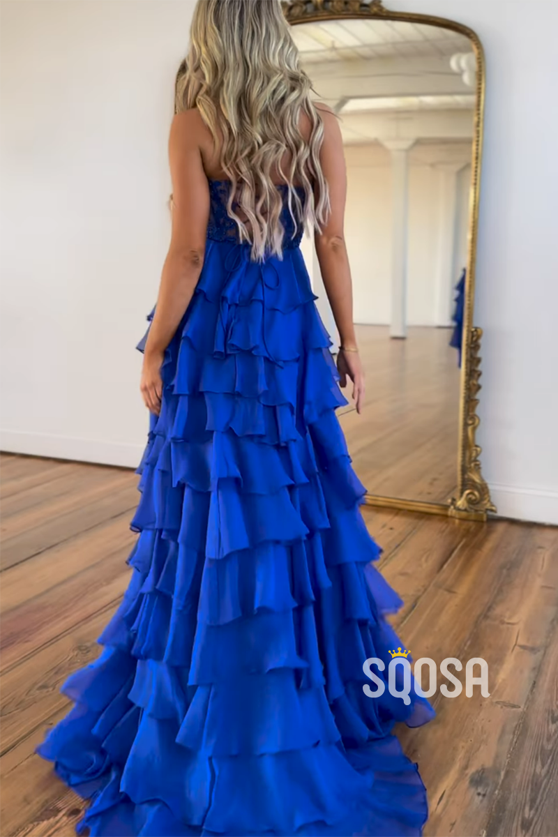 L2819 - Sweetheart Strapless A-Line Appliques Tiered Party Prom Evening Dress - Fashionpara