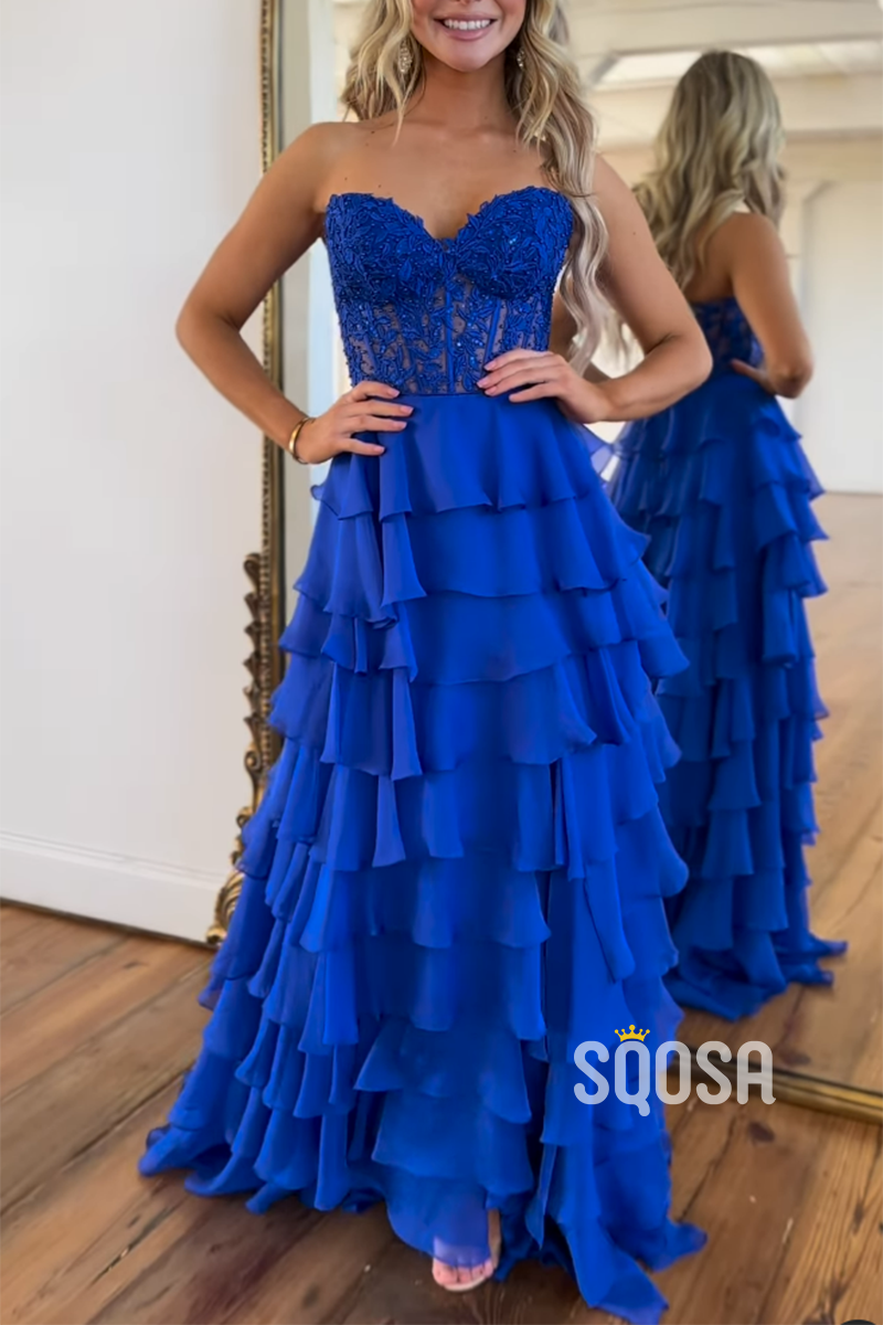 L2819 - Sweetheart Strapless A-Line Appliques Tiered Party Prom Evening Dress - Fashionpara