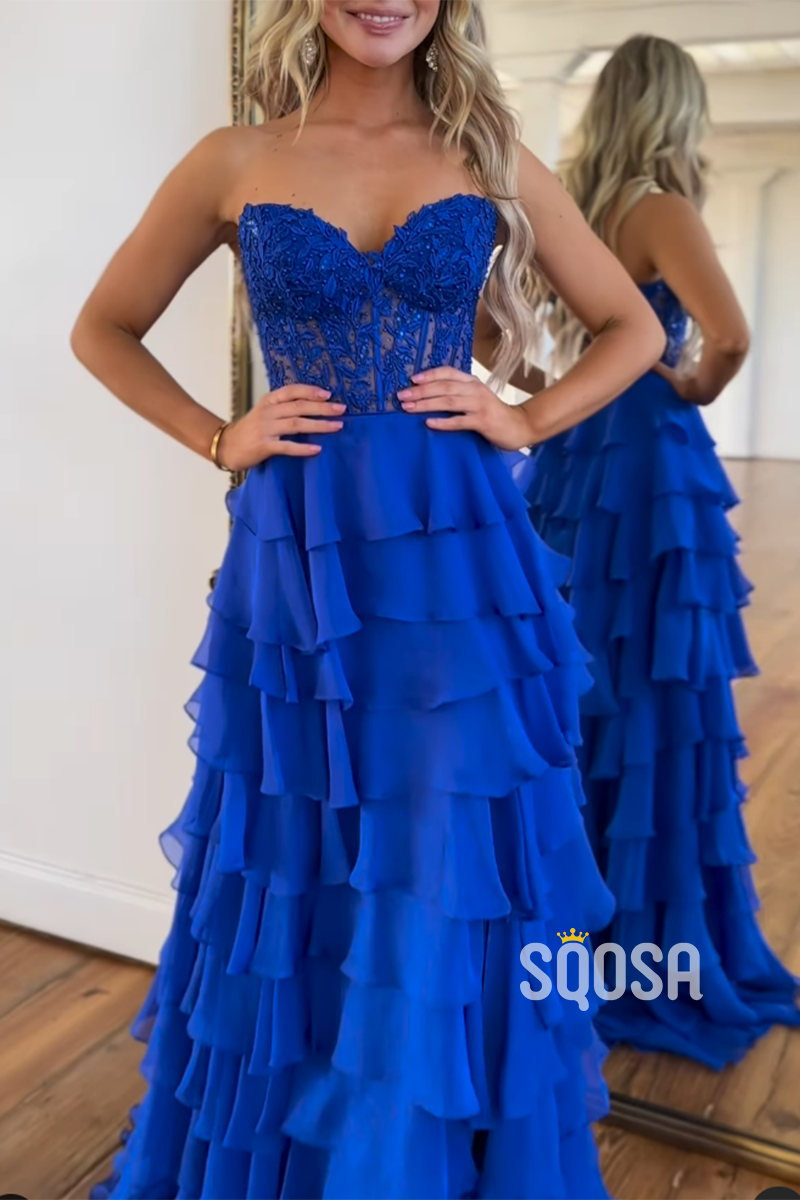 L2819 - Sweetheart Strapless A-Line Appliques Tiered Party Prom Evening Dress - Fashionpara