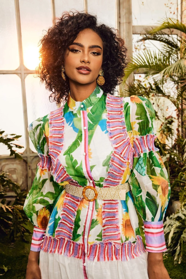 Tropical Print High Neck Puff Sleeve Tiered Midi Dress