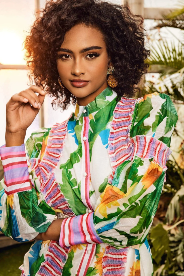 Tropical Print High Neck Puff Sleeve Tiered Midi Dress