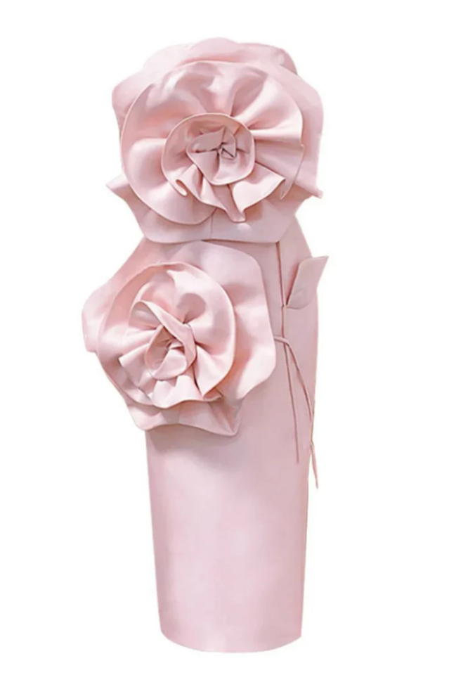 Satin Strapless Rosette Sheath Midi Dress