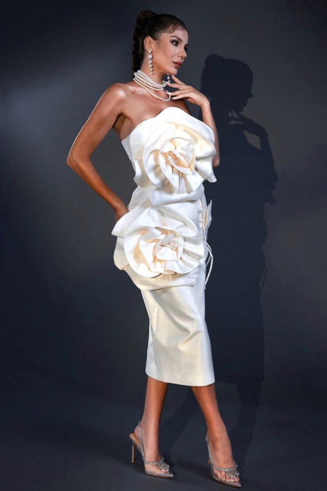 Satin Strapless Rosette Sheath Midi Dress
