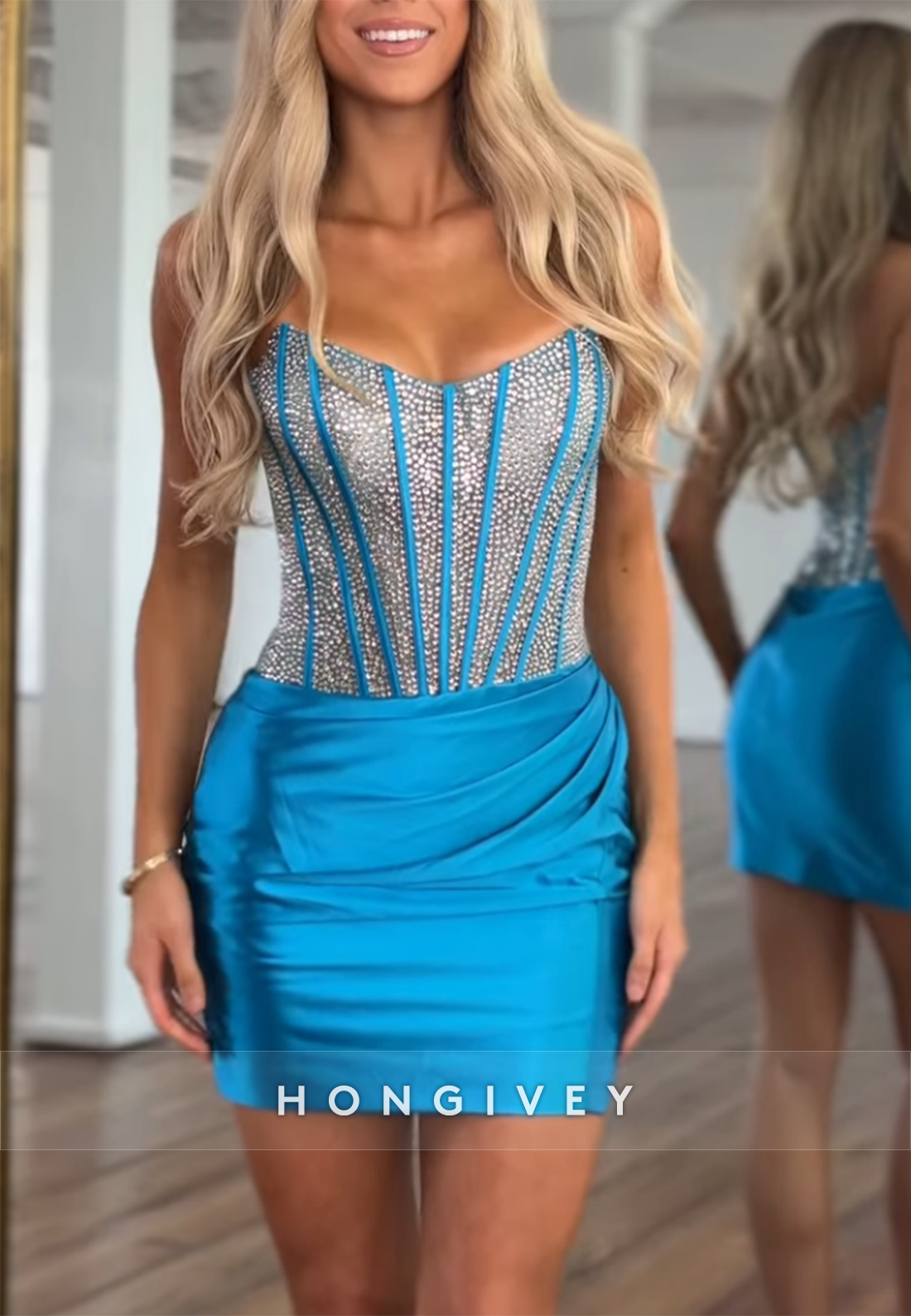 Satin V Back Strapless Pleated Sheath Sleeveless Mini Homecoming Dresses