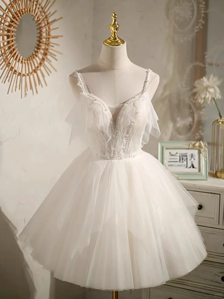Classy Tulle Beaded A Line Short Prom Dress White 19th Birthday Outfits D354