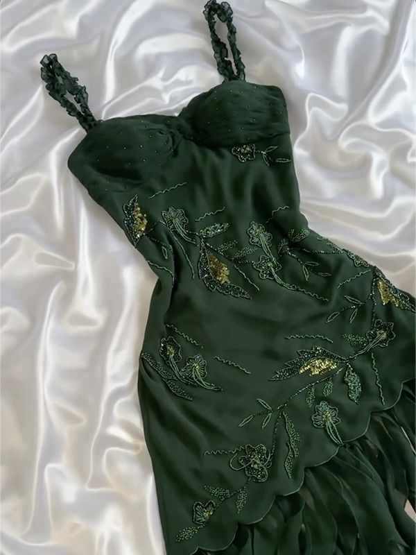 Vintage Green Chiffon Beaded Ruffles Short 19th Birthday Outfits Homecoming Dress D501